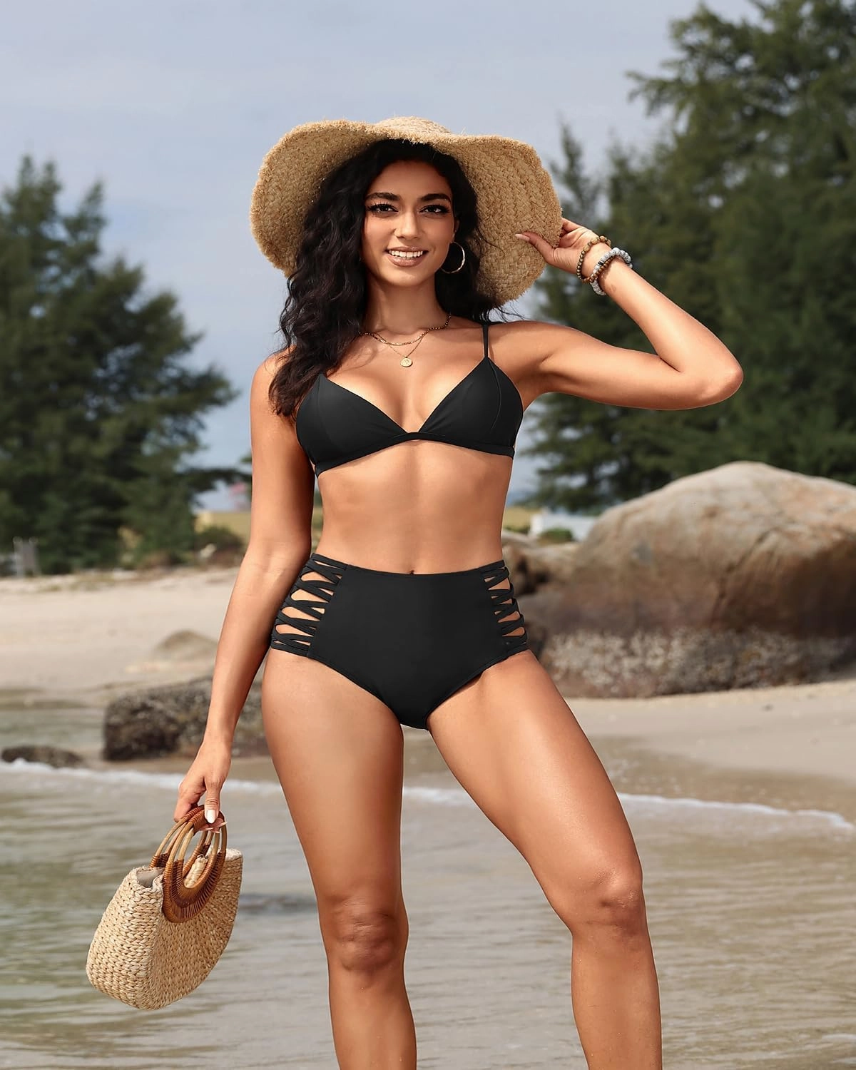 Holipick Women High Waisted Bikini Bottoms Tummy Control Swimsuit Bottoms Strappy Swim Bottom