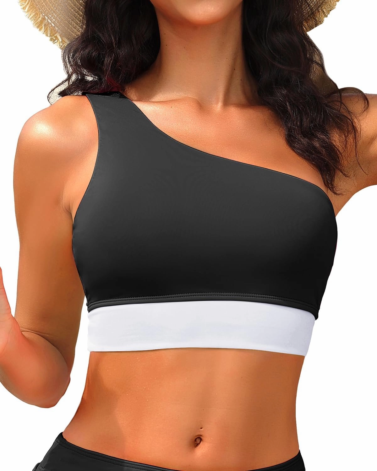 Holipick Women One Shoulder Bikini Tops Only Bathing Suit Top Sports Bra Swim Tops Longline Crop Top for Teen Girls