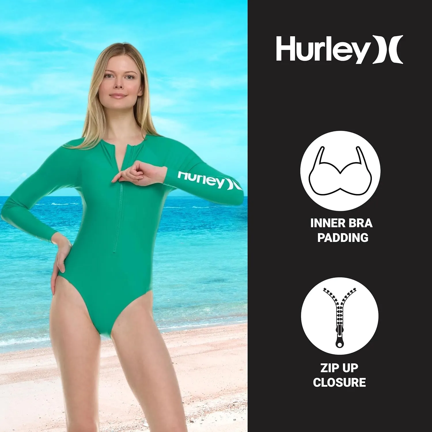 Hurley Long Sleeve Womens One Piece Swimsuits, Swimsuit for Women, Bathing Suit for Women, Swim Suit UPF 50  SPF UV Protected