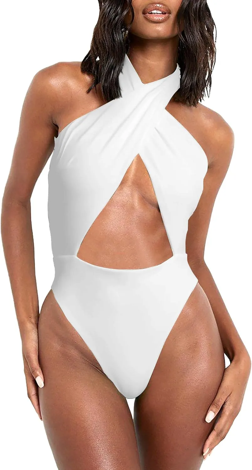 HYPERFIRE Women's Sexy Halter Criss Cross Swimsuit Cut Out One Piece Bathing Suit High Cut Swimwear