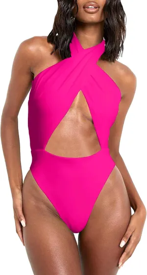 HYPERFIRE Women's Sexy Halter Criss Cross Swimsuit Cut Out One Piece Bathing Suit High Cut Swimwear