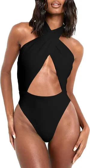 HYPERFIRE Women's Sexy Halter Criss Cross Swimsuit Cut Out One Piece Bathing Suit High Cut Swimwear
