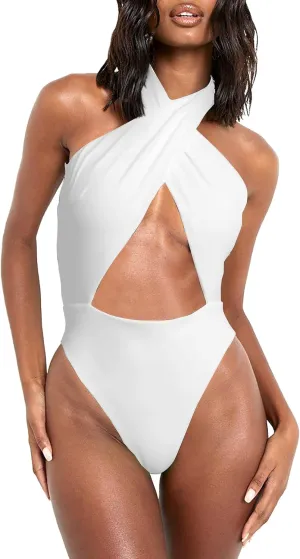 HYPERFIRE Women's Sexy Halter Criss Cross Swimsuit Cut Out One Piece Bathing Suit High Cut Swimwear