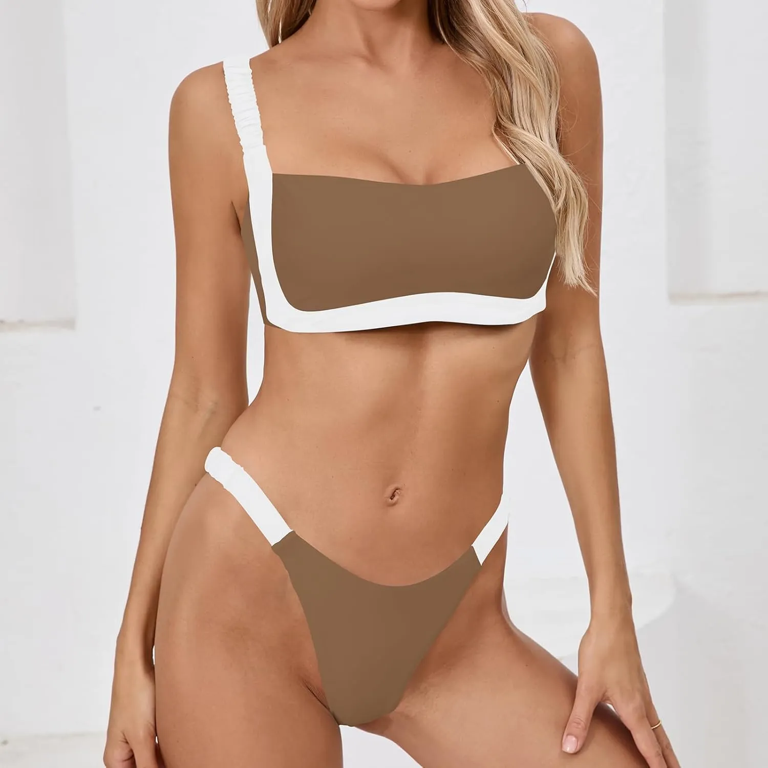 HYTENSUN Women's Bandeau Cheeky Bikini Colorblock Square Neck High Cut Swimsuits Two Pieces Bathing Suits