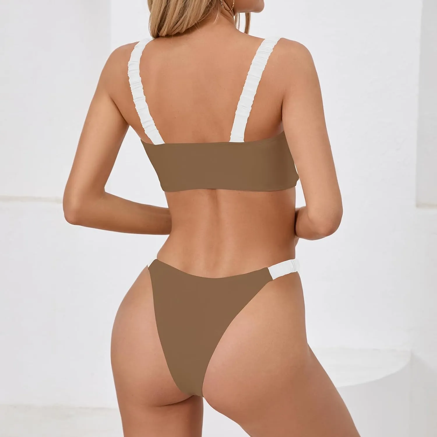 HYTENSUN Women's Bandeau Cheeky Bikini Colorblock Square Neck High Cut Swimsuits Two Pieces Bathing Suits