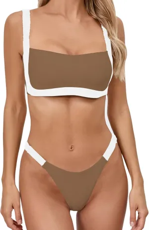 HYTENSUN Women's Bandeau Cheeky Bikini Colorblock Square Neck High Cut Swimsuits Two Pieces Bathing Suits