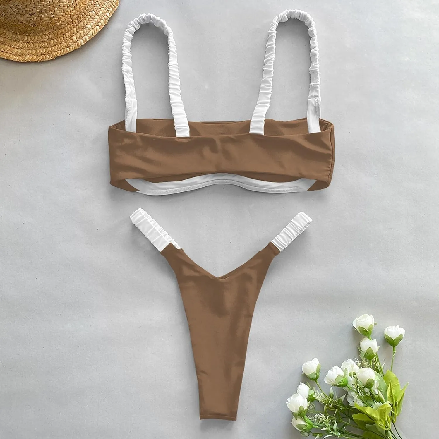 HYTENSUN Women's Bandeau Cheeky Bikini Colorblock Square Neck High Cut Swimsuits Two Pieces Bathing Suits