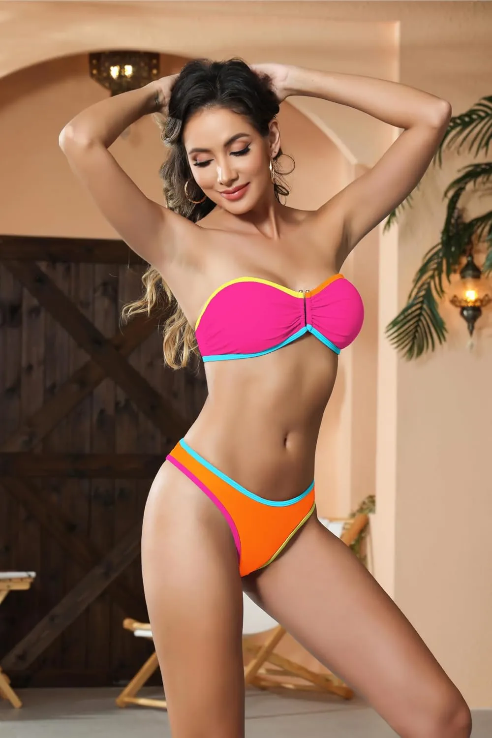 HYTENSUN Women's Sexy U Wired Bikini Set Color Block Bandeau 2 Pieces Swimsuits Self-Tie Back Bathing Suit