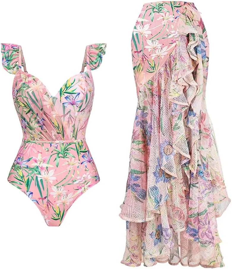IBAKOM One Piece Swimsuit for Women with Matching Swim Long Skirt Sexy Push Up Bathing Suits Two Pieces Bikini Set