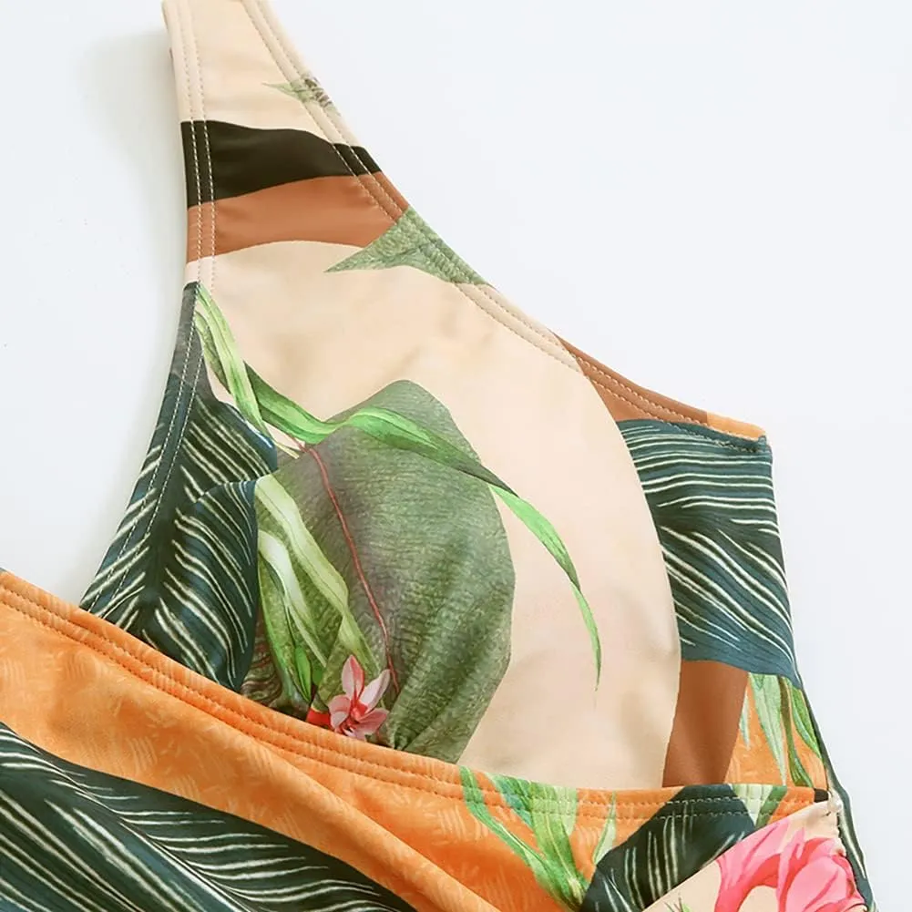 IDOPIP Women's One Piece Swimsuit with Beach Cover up Wrap Skirt Sarong Retro Floral Print Bikini Set Two Piece Bathing Suit