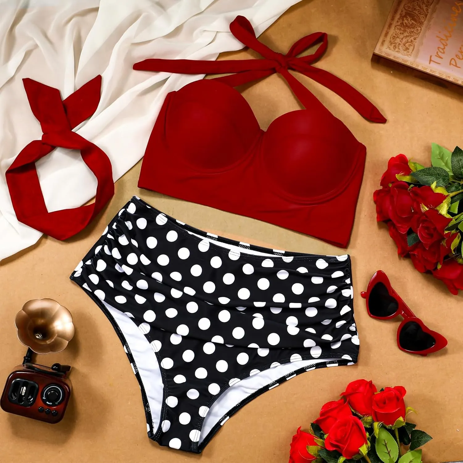 JaGely 4 Pcs 1950s Women Red Polka Dot Bikini Sets Vintage High Waisted Swimsuits Retro Wire Headband, Heart Sunglasses