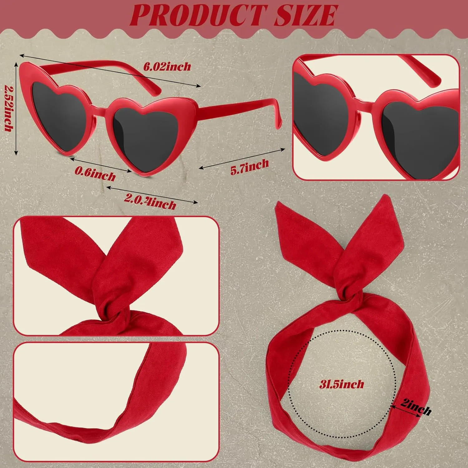 JaGely 4 Pcs 1950s Women Red Polka Dot Bikini Sets Vintage High Waisted Swimsuits Retro Wire Headband, Heart Sunglasses