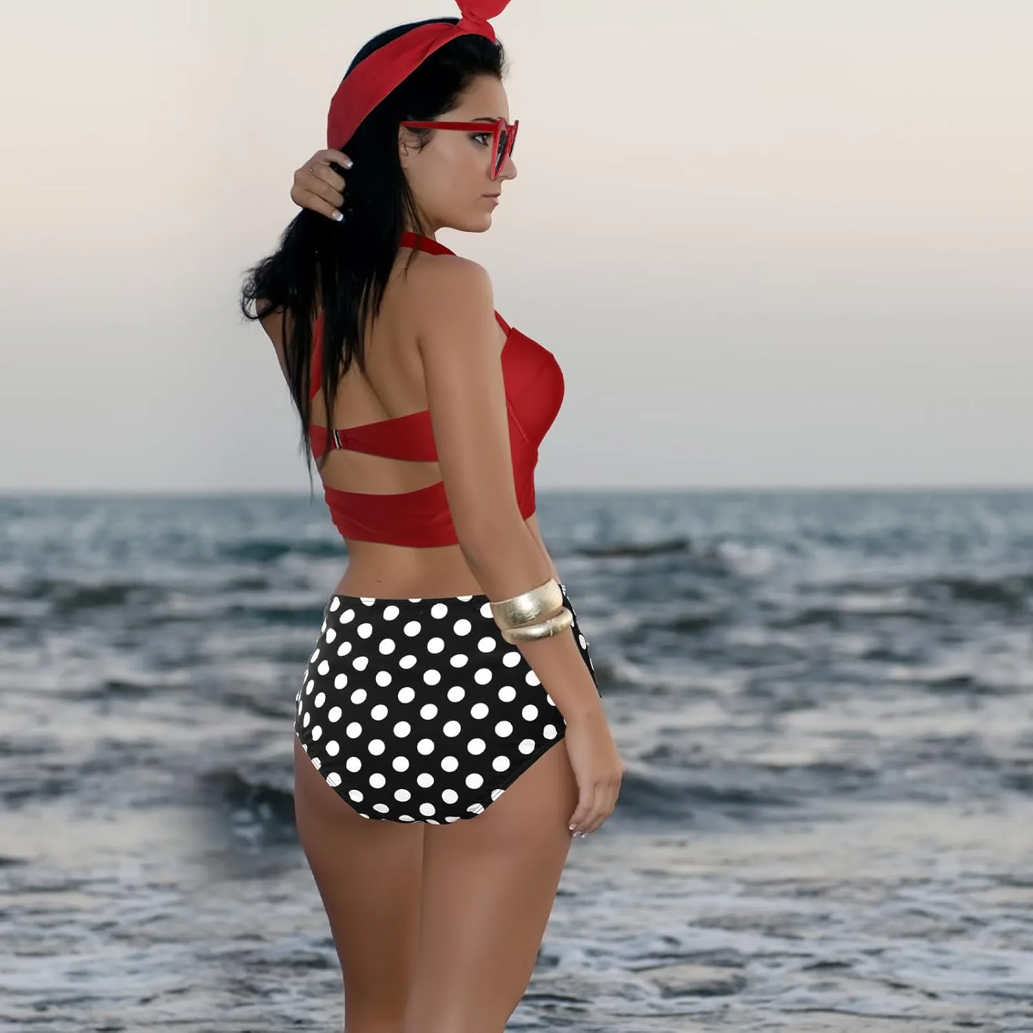 JaGely 4 Pcs 1950s Women Red Polka Dot Bikini Sets Vintage High Waisted Swimsuits Retro Wire Headband, Heart Sunglasses