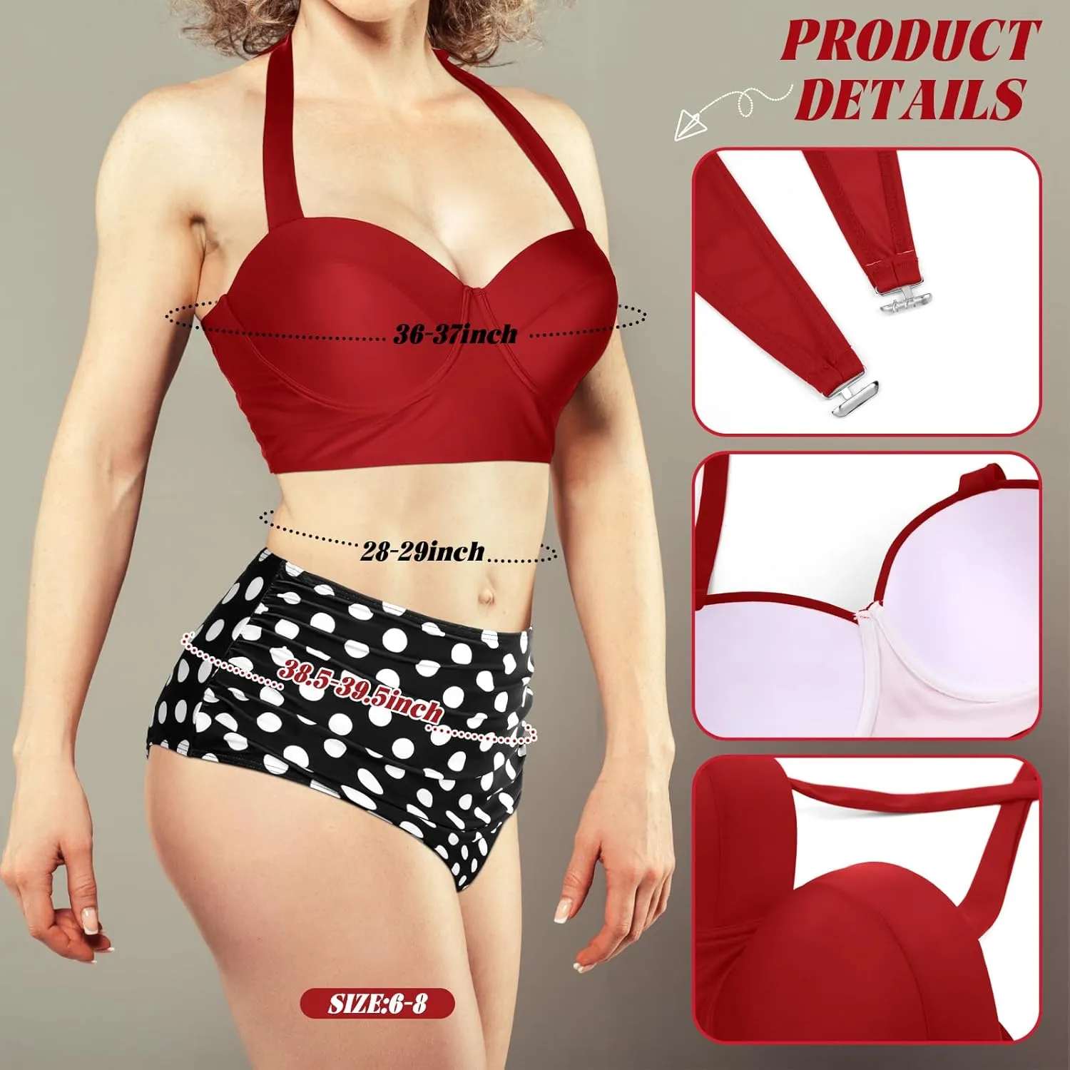 JaGely 4 Pcs 1950s Women Red Polka Dot Bikini Sets Vintage High Waisted Swimsuits Retro Wire Headband, Heart Sunglasses
