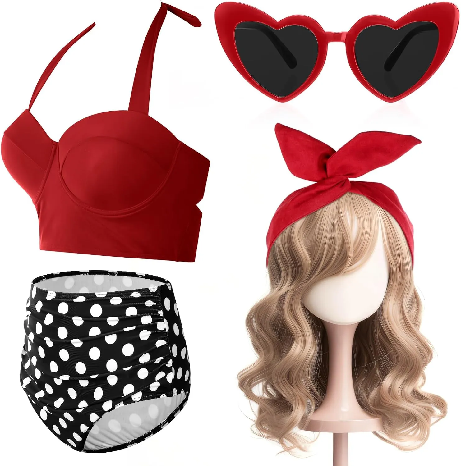 JaGely 4 Pcs 1950s Women Red Polka Dot Bikini Sets Vintage High Waisted Swimsuits Retro Wire Headband, Heart Sunglasses