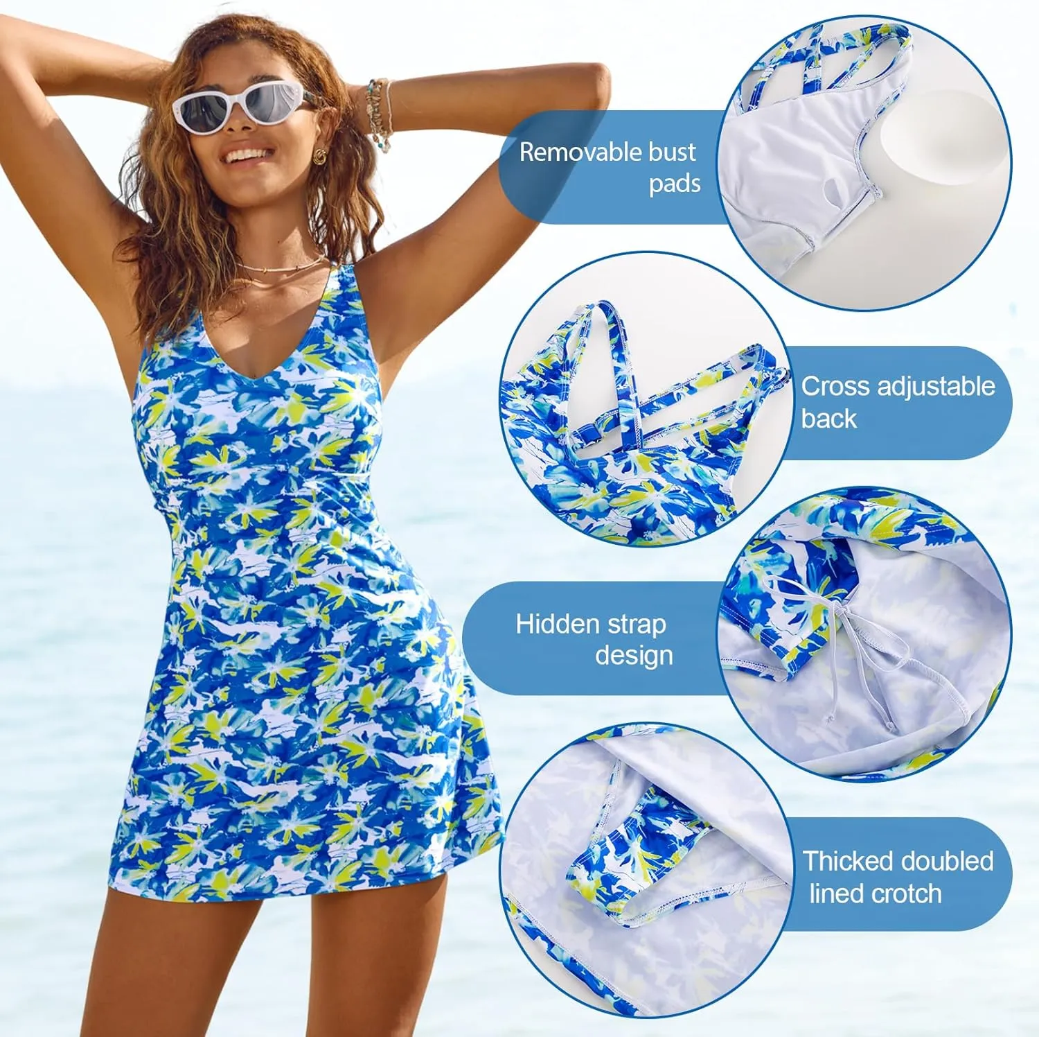 JASAMBAC One Piece Swimdress Swimsuits for Women Tummy Control V Neck Skirt Swimwear A Line Print Bathing Suits