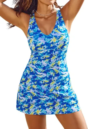 JASAMBAC One Piece Swimdress Swimsuits for Women Tummy Control V Neck Skirt Swimwear A Line Print Bathing Suits