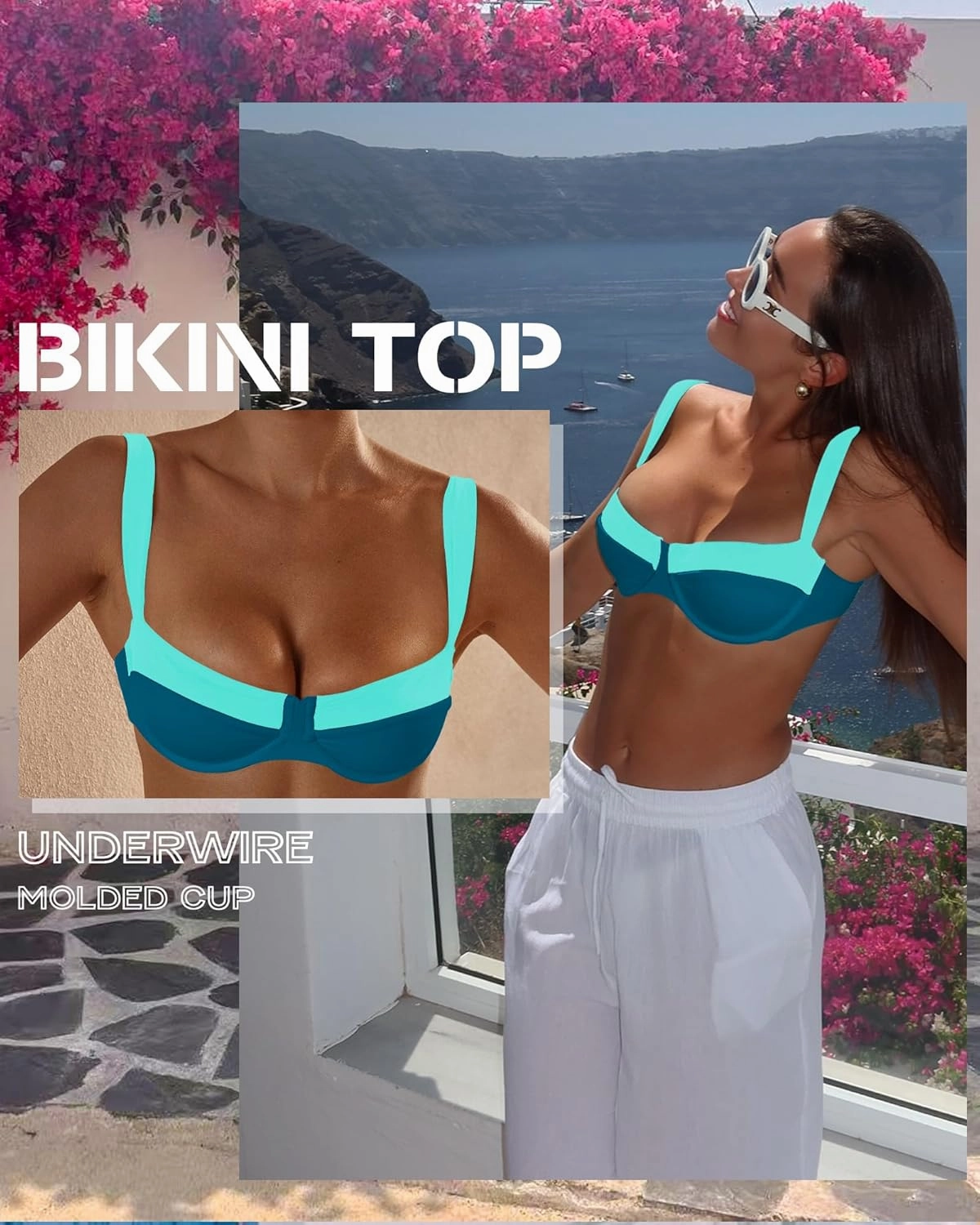 Jolefile Women Underwire Bikini Tops Color Block Swimsuit Tops Molded Cups Push Up Bathing Suit Adjustable Tie Back Swim Top