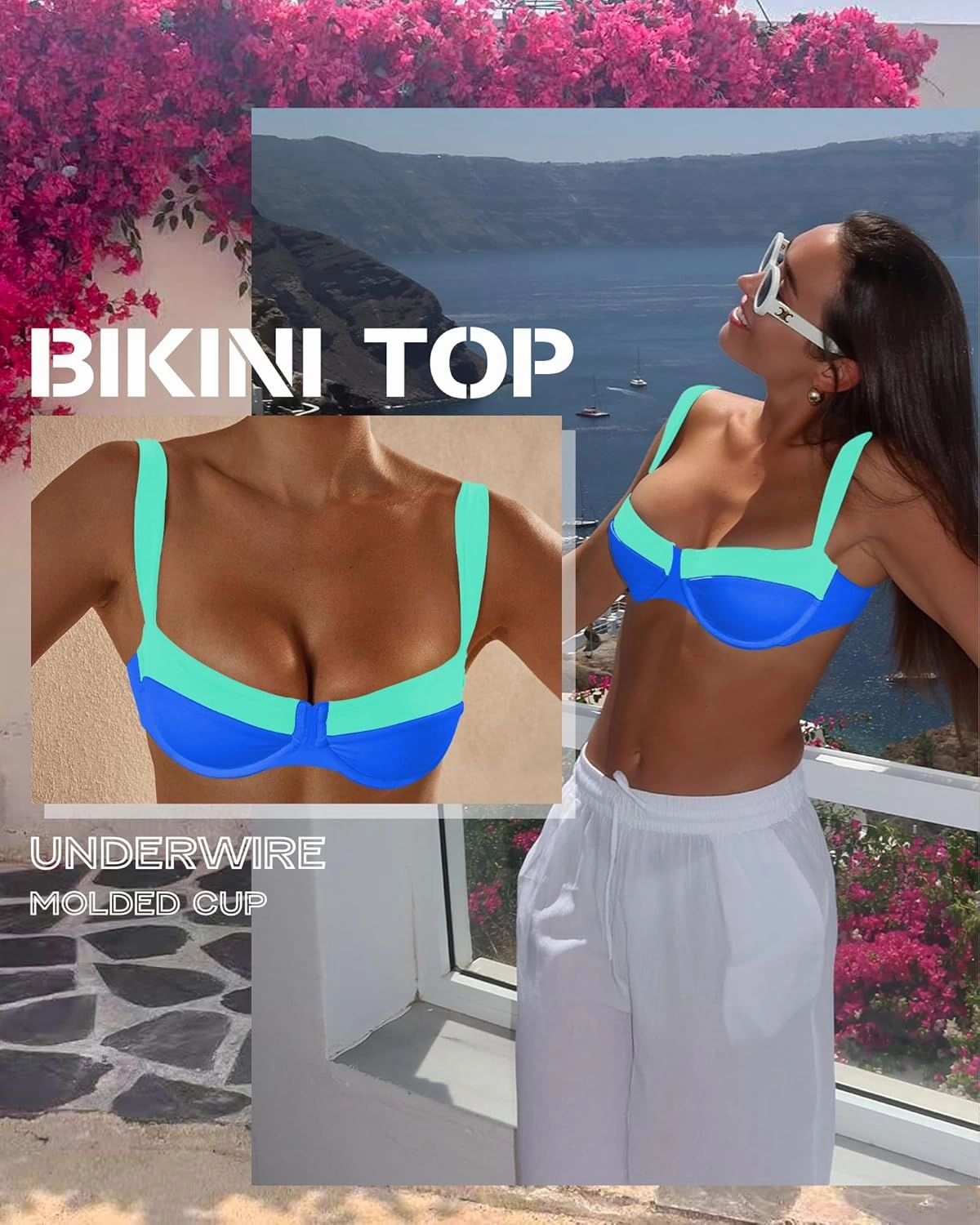 Jolefile Women Underwire Bikini Tops Color Block Swimsuit Tops Molded Cups Push Up Bathing Suit Adjustable Tie Back Swim Top