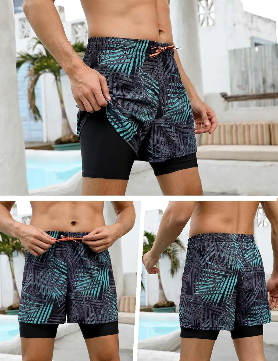 KANAV Mens Swim Trunks with Compression Liner 2 in 1 Quick-Dry Swim Shorts Lined Board Shorts
