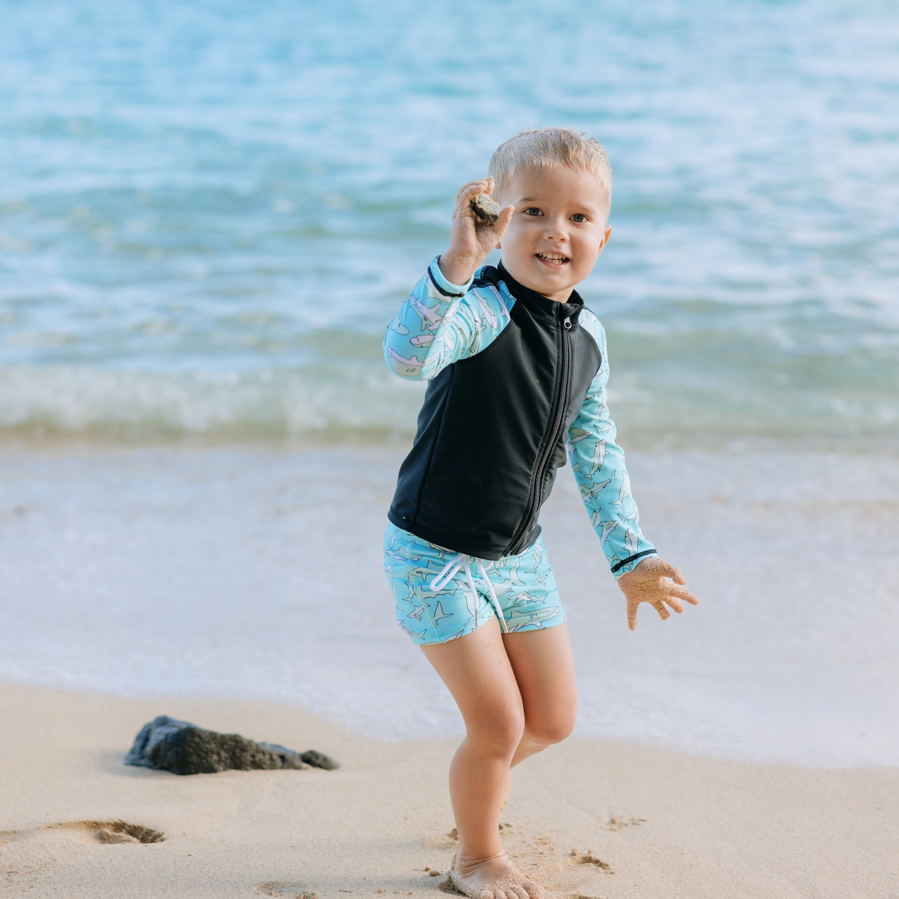 Kids Euro Shorties   Long Sleeve Rash Guard Set | "Deep Blue Sharks"