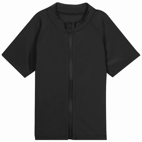 Kids Short Sleeve Zipper Rash Guard Swim Shirt | Black