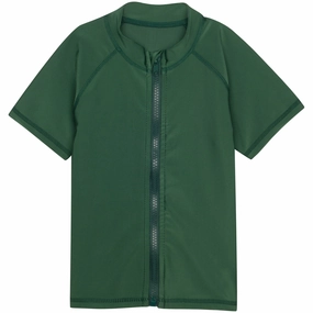 Kids Short Sleeve Zipper Rash Guard Swim Shirt | Hunter Green