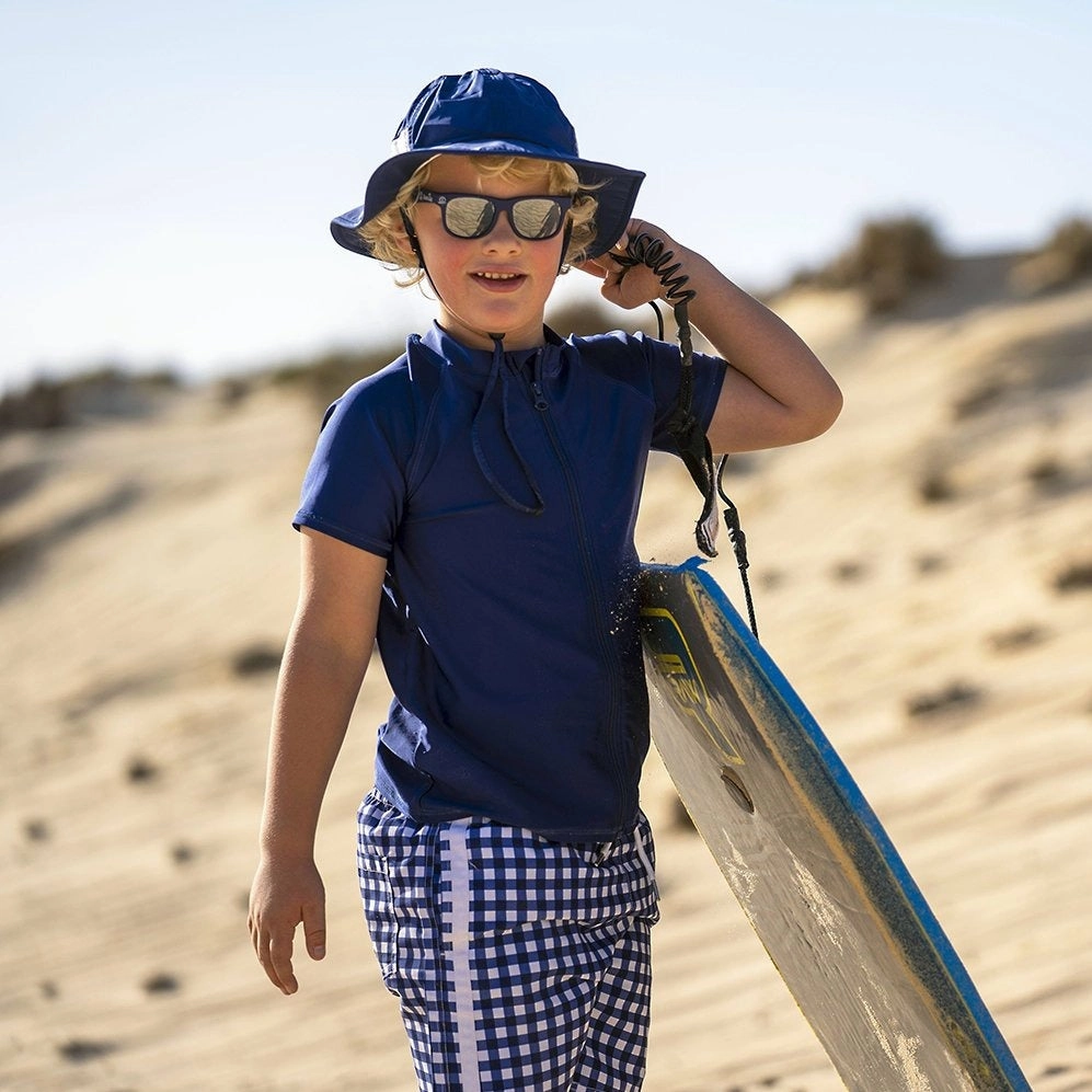 Kids Short Sleeve Zipper Rash Guard Swim Shirt | Navy