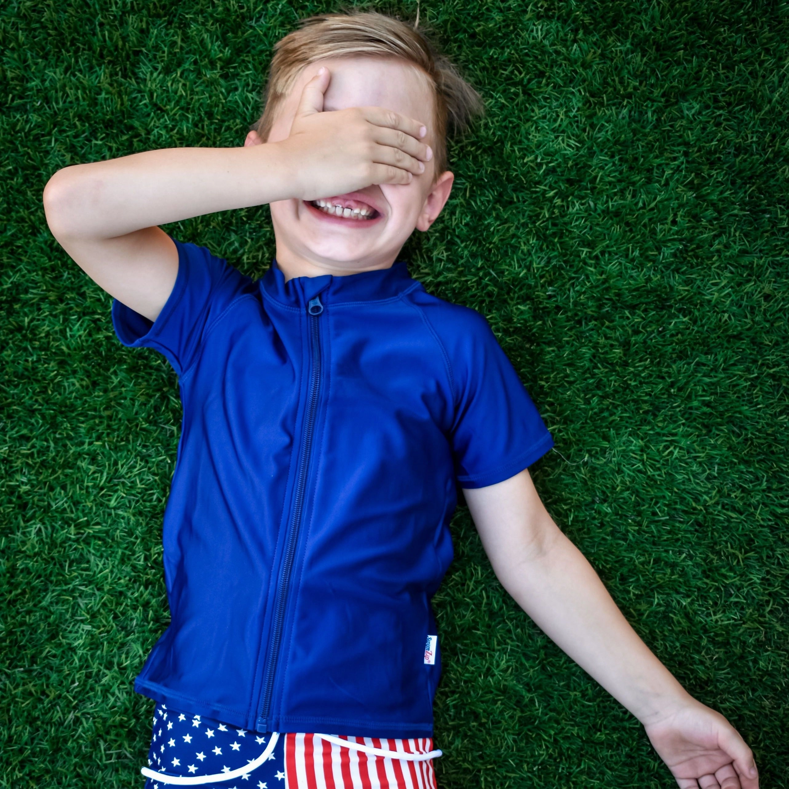 Kids Short Sleeve Zipper Rash Guard Swim Shirt | Navy