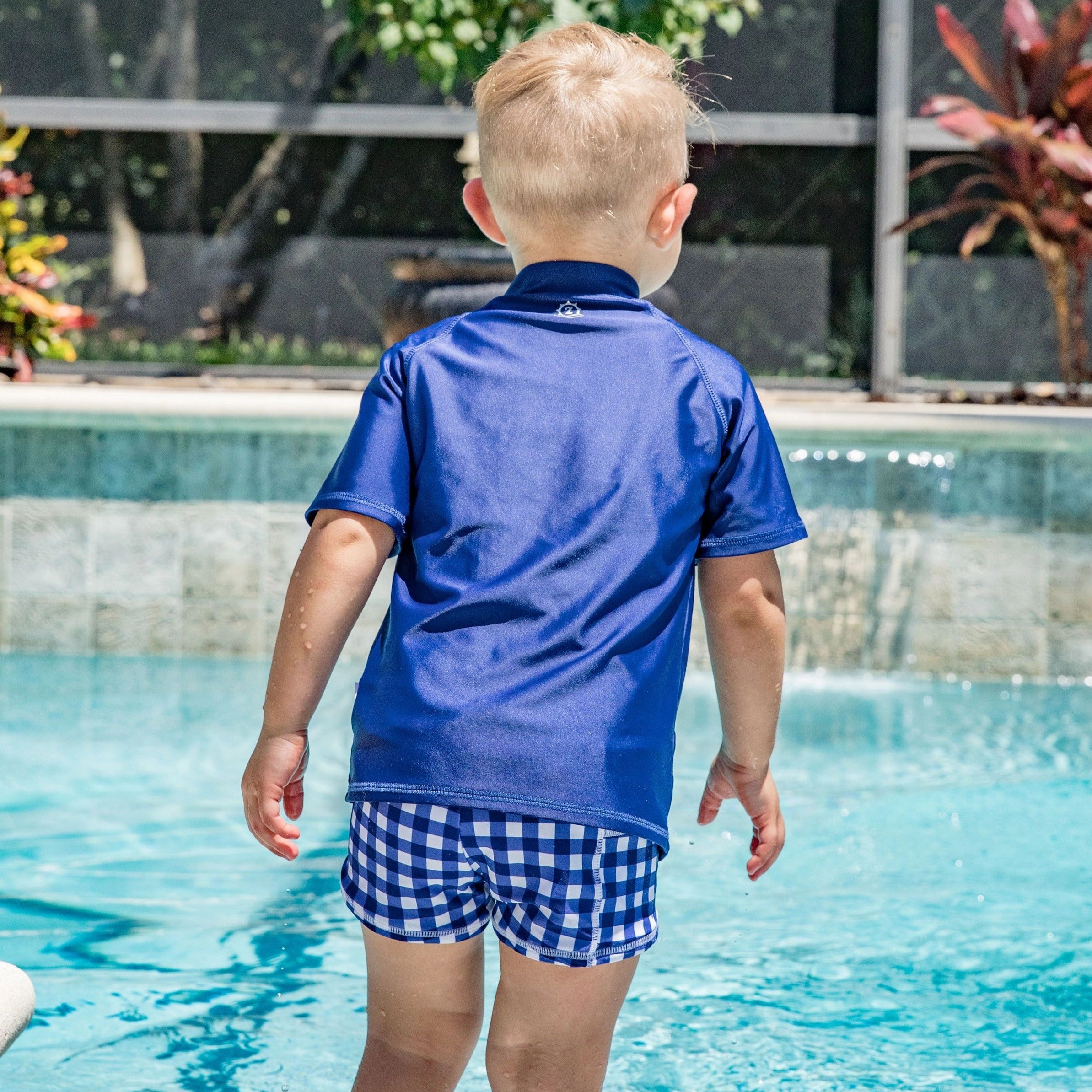 Kids Short Sleeve Zipper Rash Guard Swim Shirt | Navy
