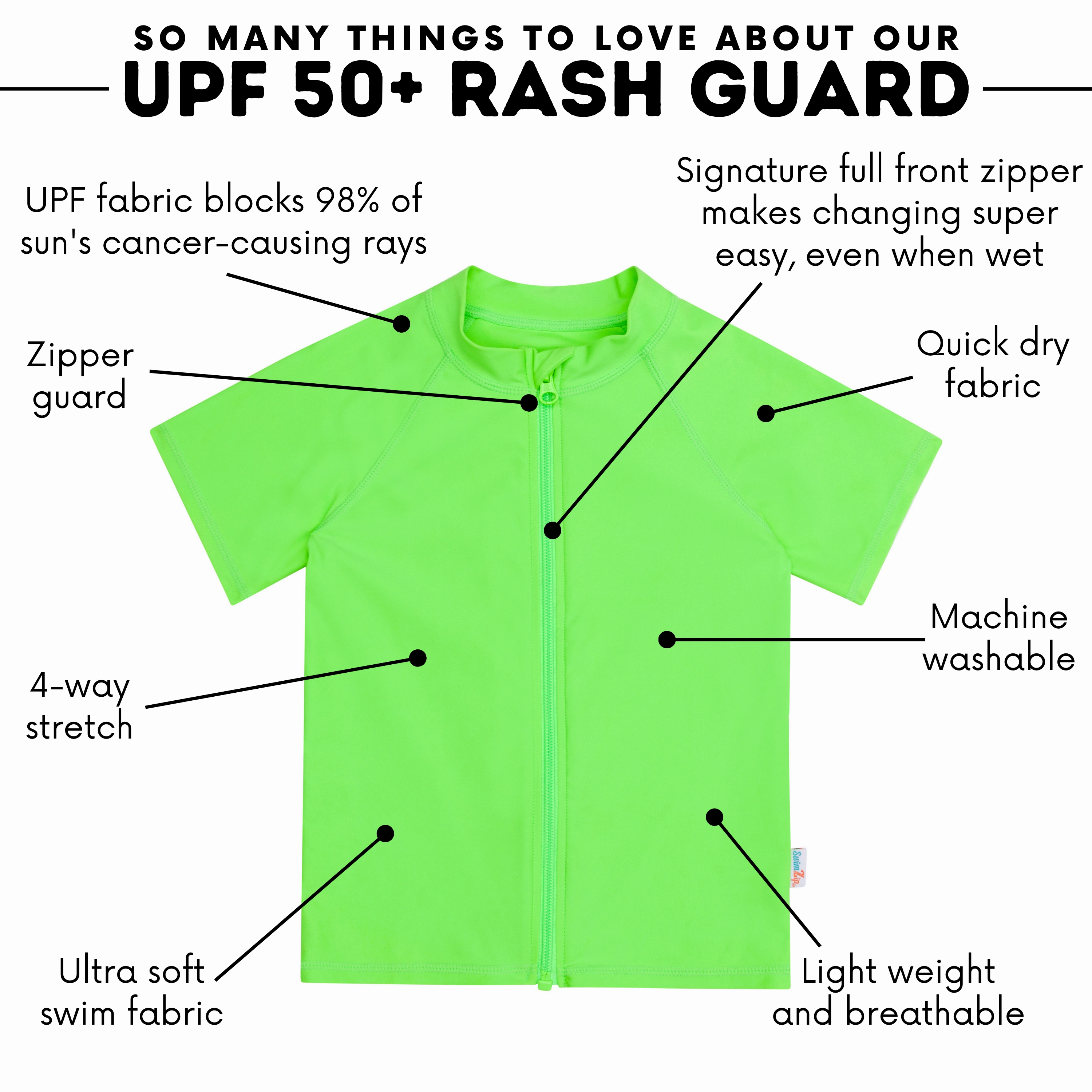 Kids Short Sleeve Zipper Rash Guard Swim Shirt | Neon Green
