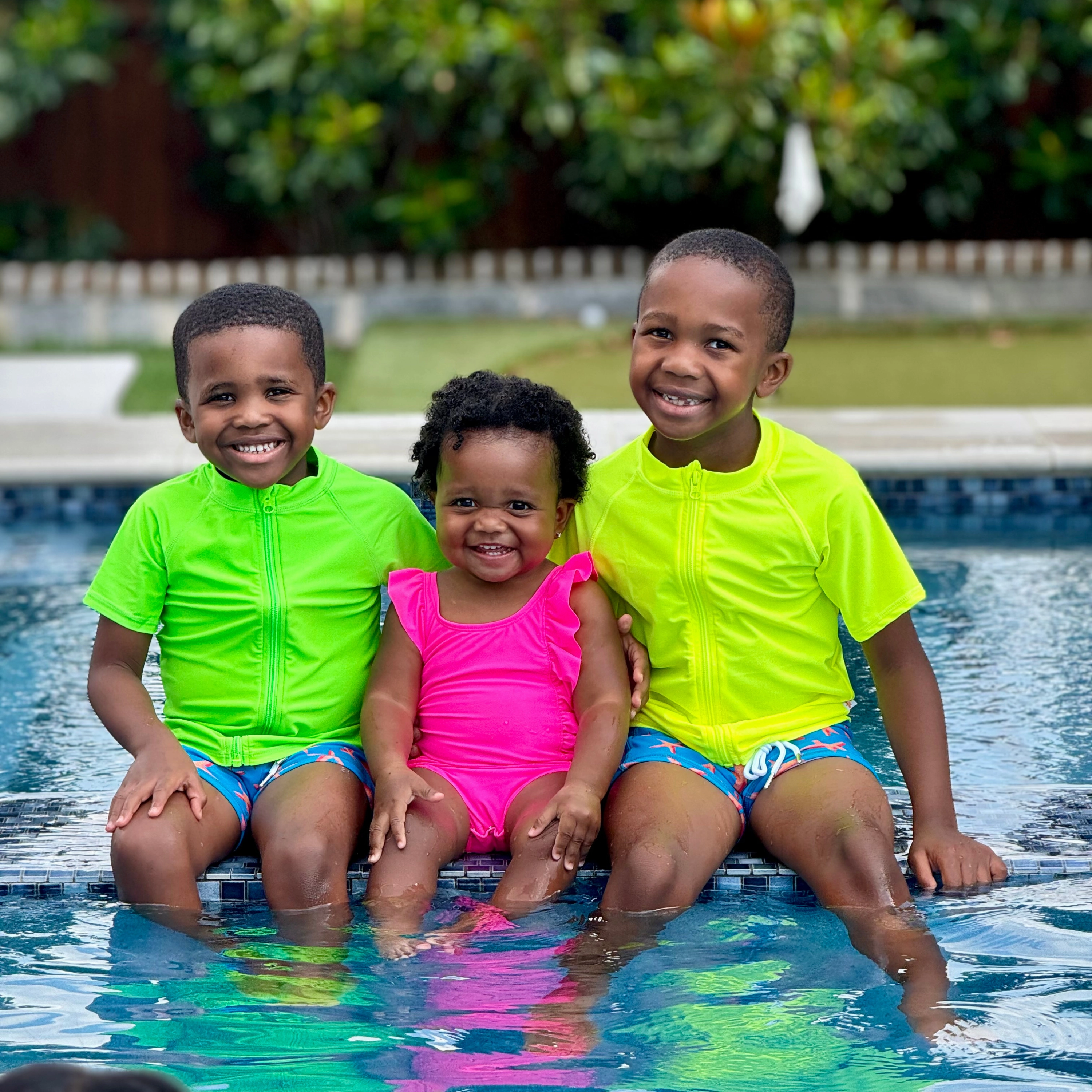 Kids Short Sleeve Zipper Rash Guard Swim Shirt | Neon Green