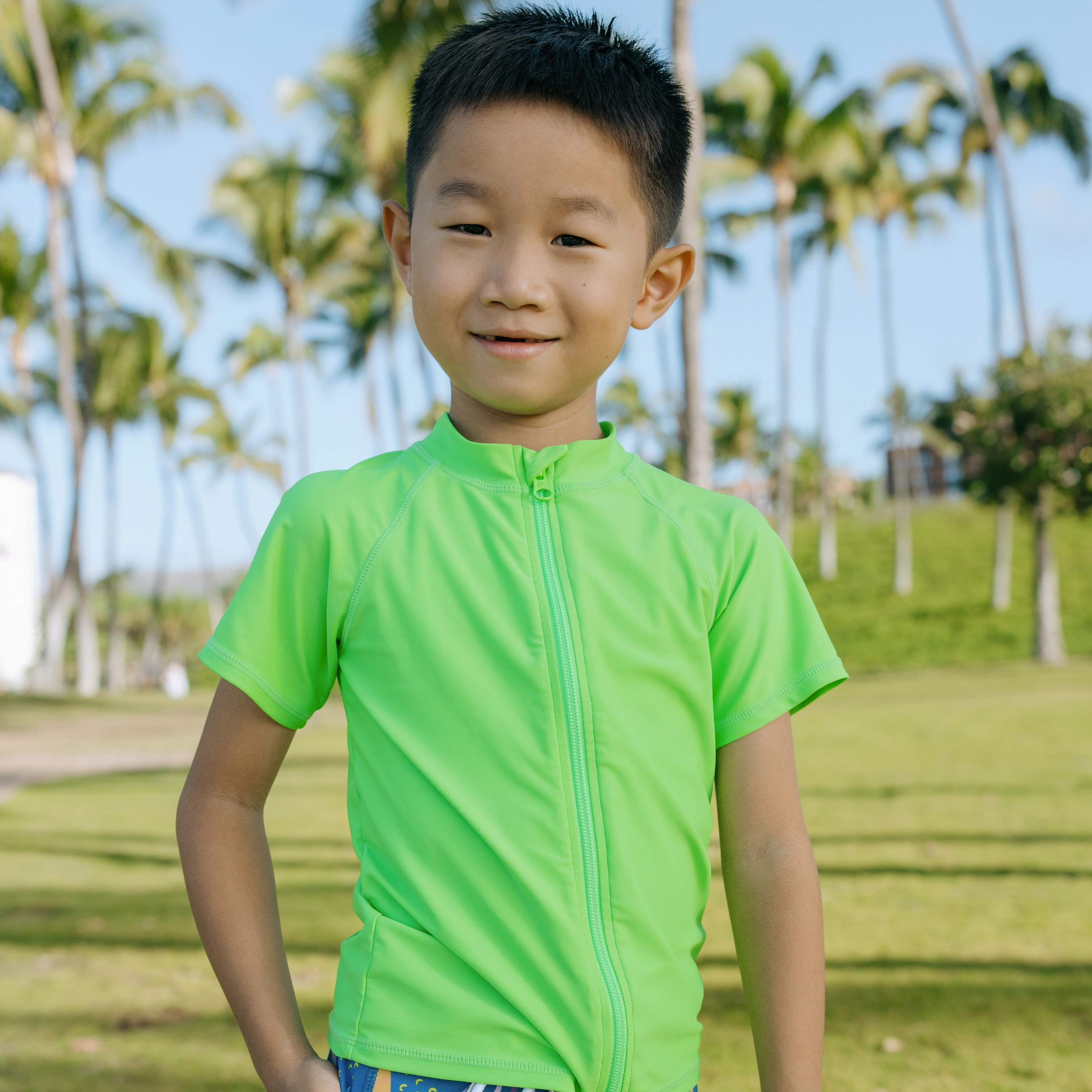 Kids Short Sleeve Zipper Rash Guard Swim Shirt | Neon Green