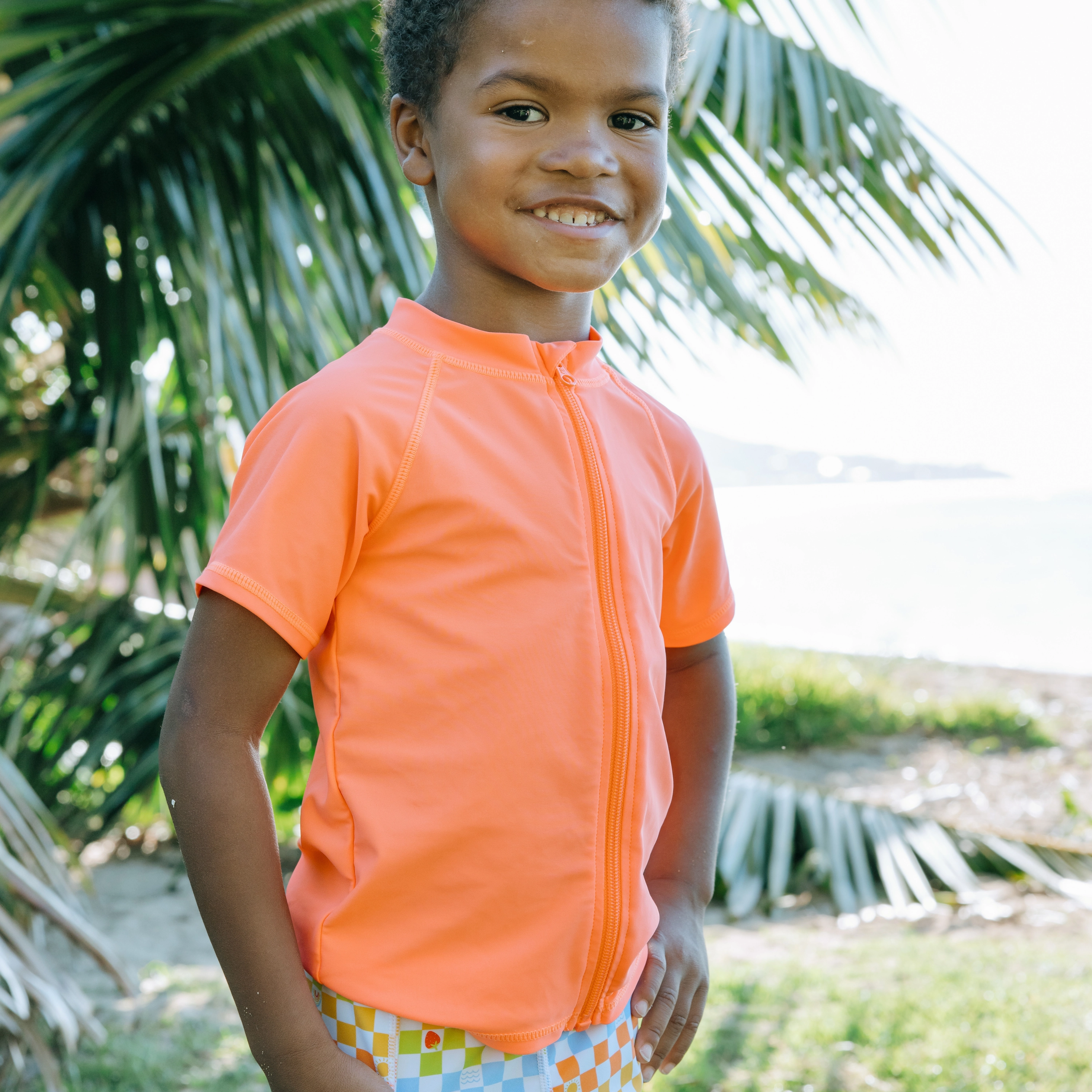 Kids Short Sleeve Zipper Rash Guard Swim Shirt | Neon Orange