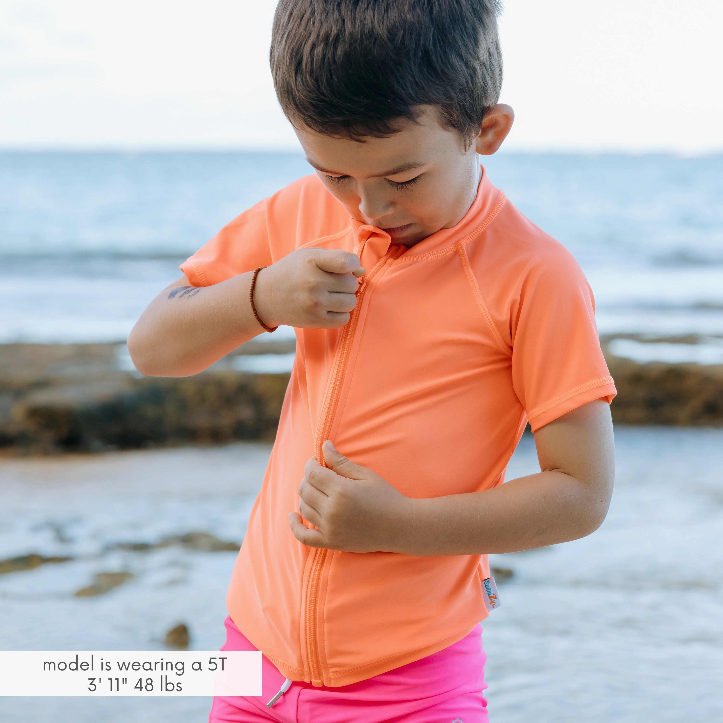 Kids Short Sleeve Zipper Rash Guard Swim Shirt | Neon Orange