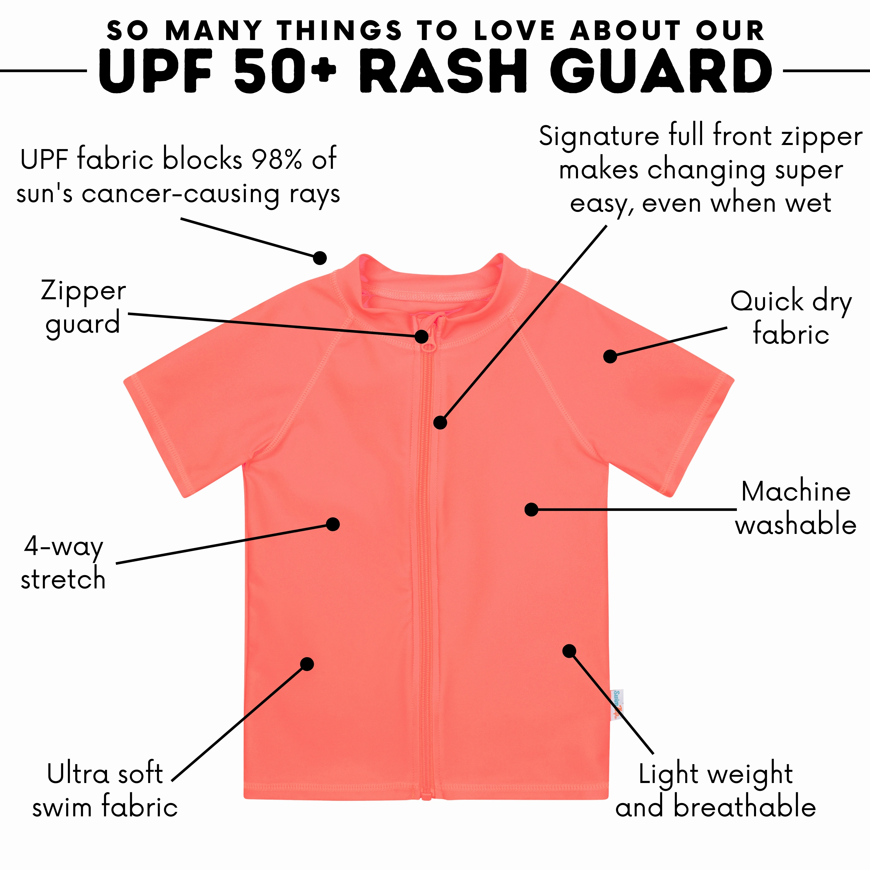 Kids Short Sleeve Zipper Rash Guard Swim Shirt | Neon Orange