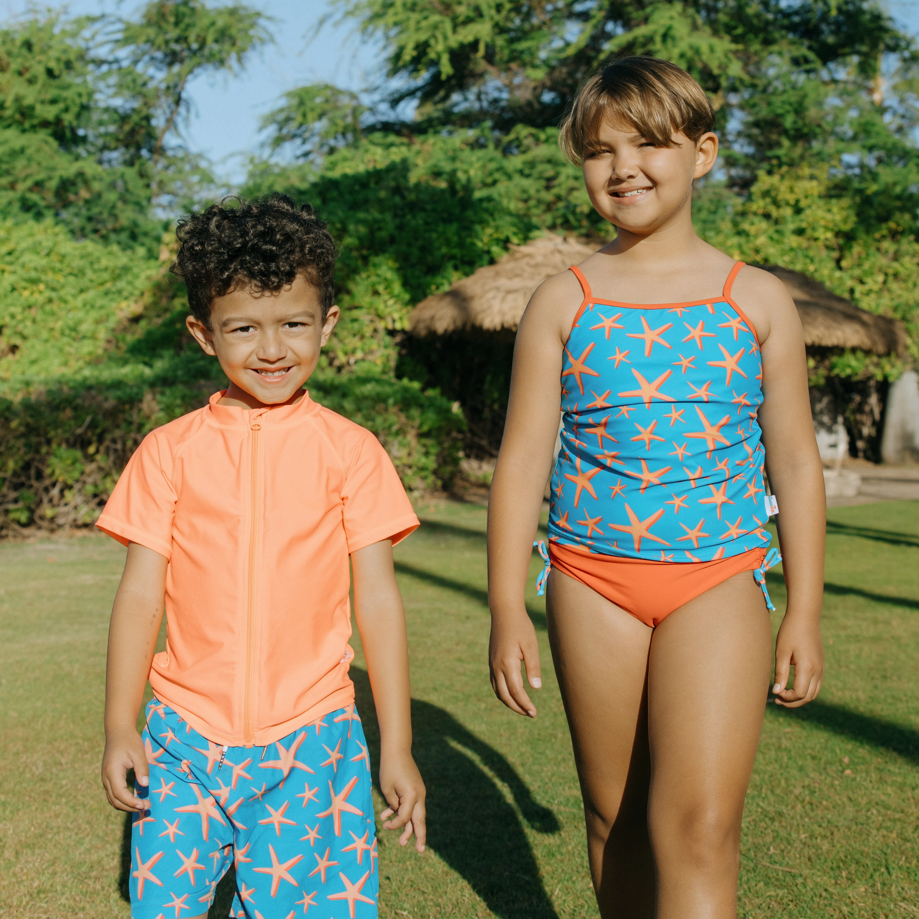 Kids Short Sleeve Zipper Rash Guard Swim Shirt | Neon Orange