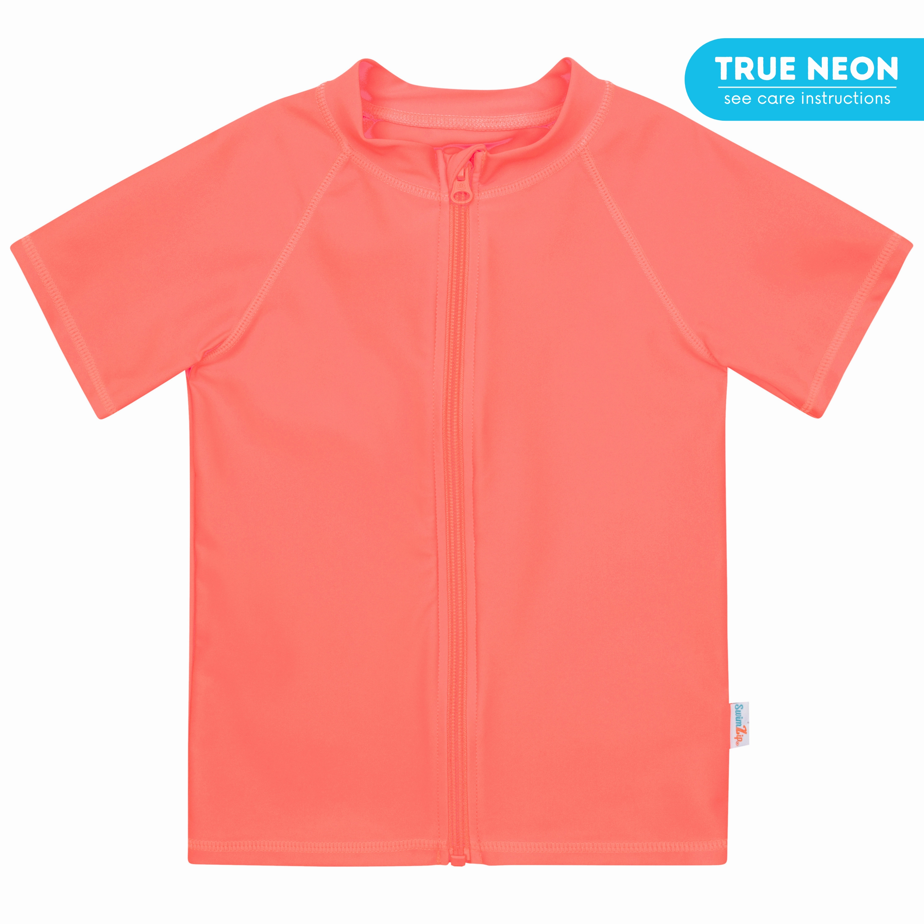 Kids Short Sleeve Zipper Rash Guard Swim Shirt | Neon Orange