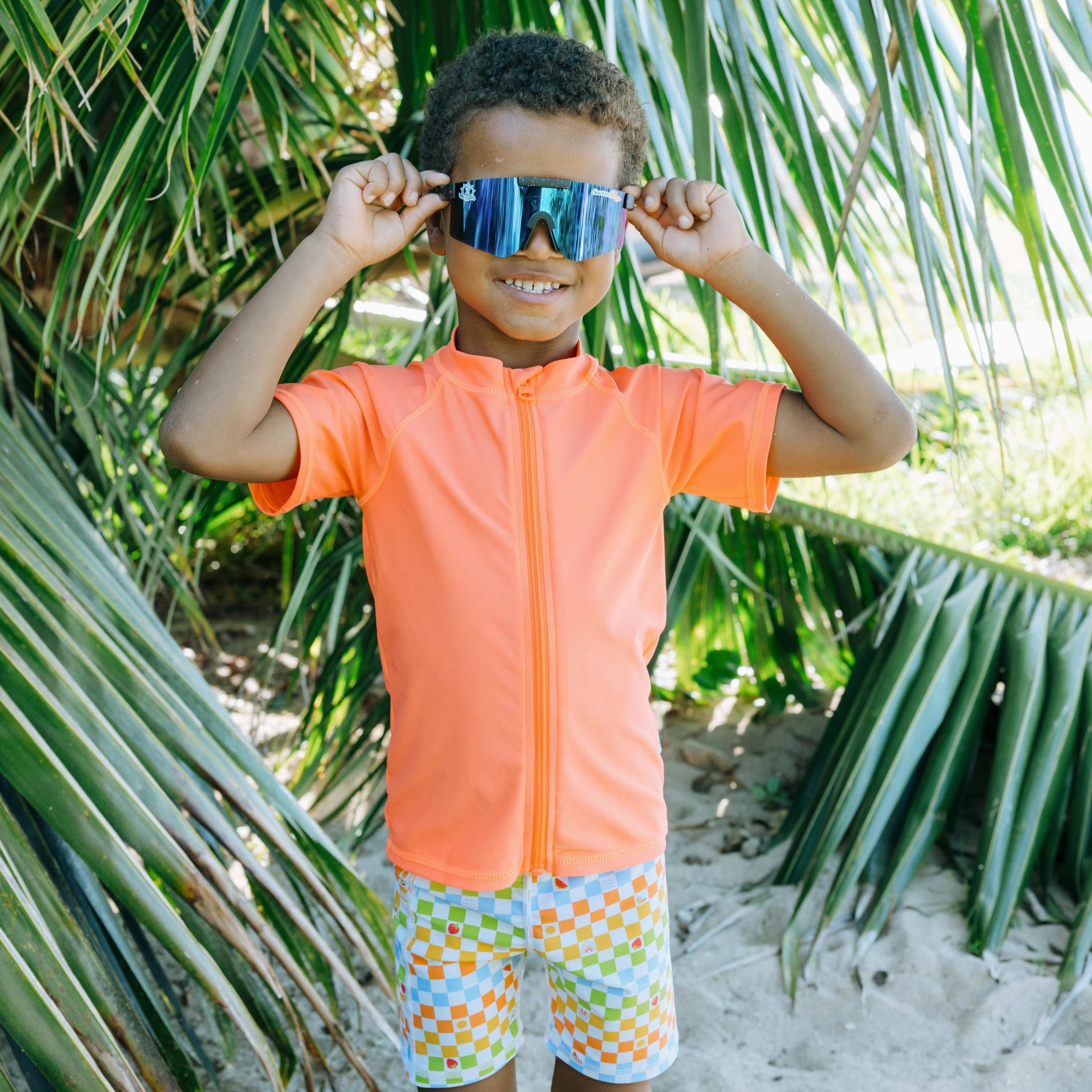 Kids Short Sleeve Zipper Rash Guard Swim Shirt | Neon Orange
