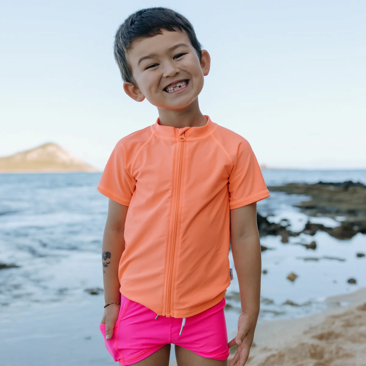 Kids Short Sleeve Zipper Rash Guard Swim Shirt | Neon Orange