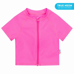 Kids Short Sleeve Zipper Rash Guard Swim Shirt | Neon Pink