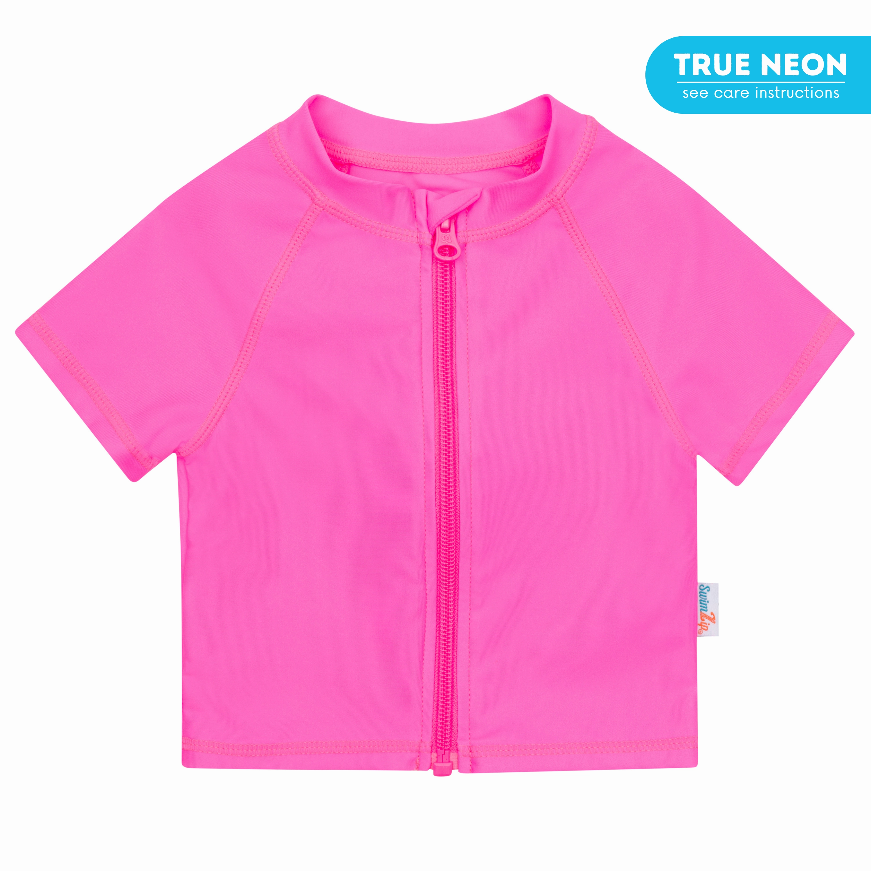Kids Short Sleeve Zipper Rash Guard Swim Shirt | Neon Pink