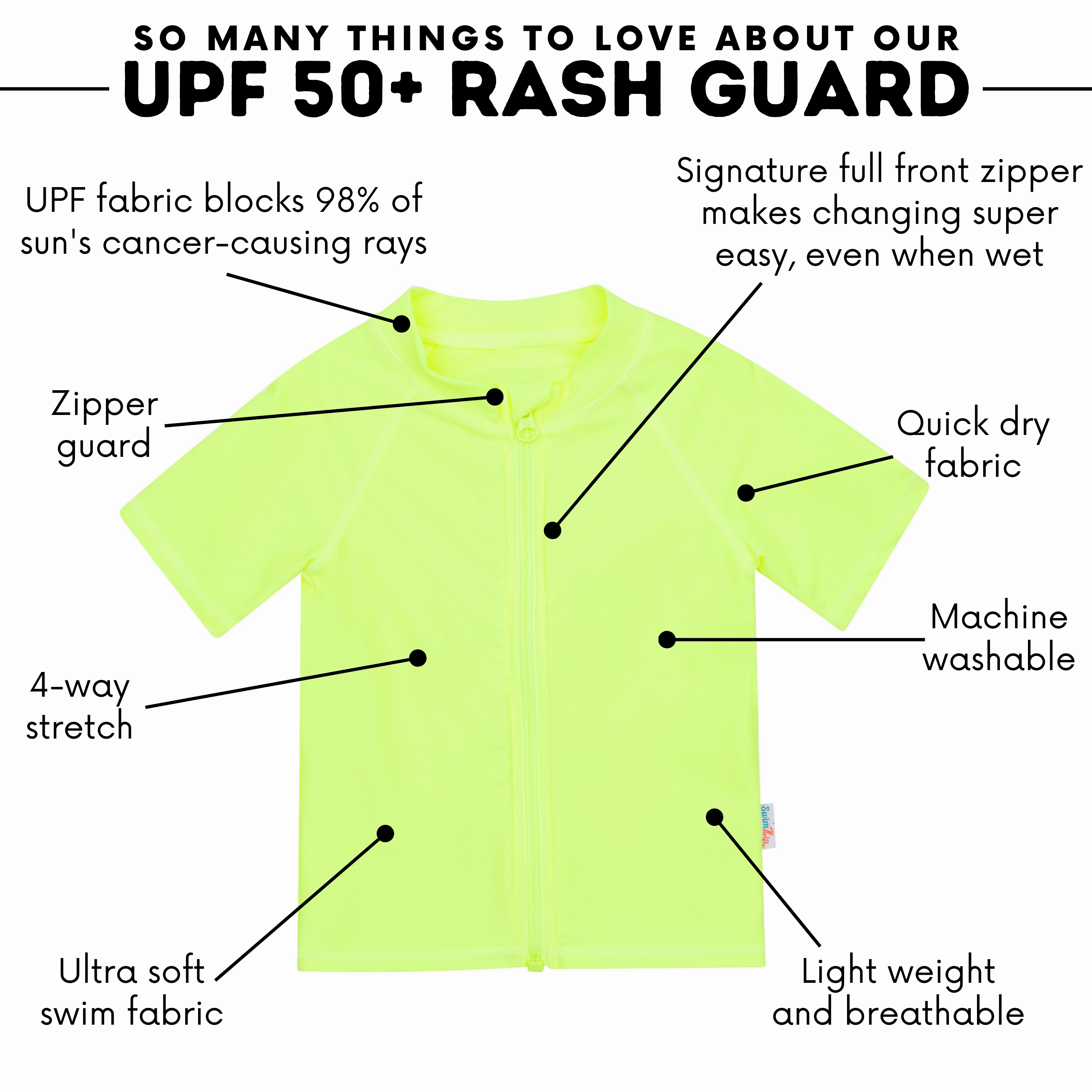 Kids Short Sleeve Zipper Rash Guard Swim Shirt | Neon Yellow