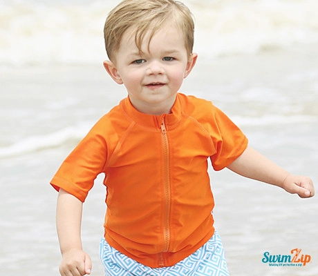Kids Short Sleeve Zipper Rash Guard Swim Shirt | Orange