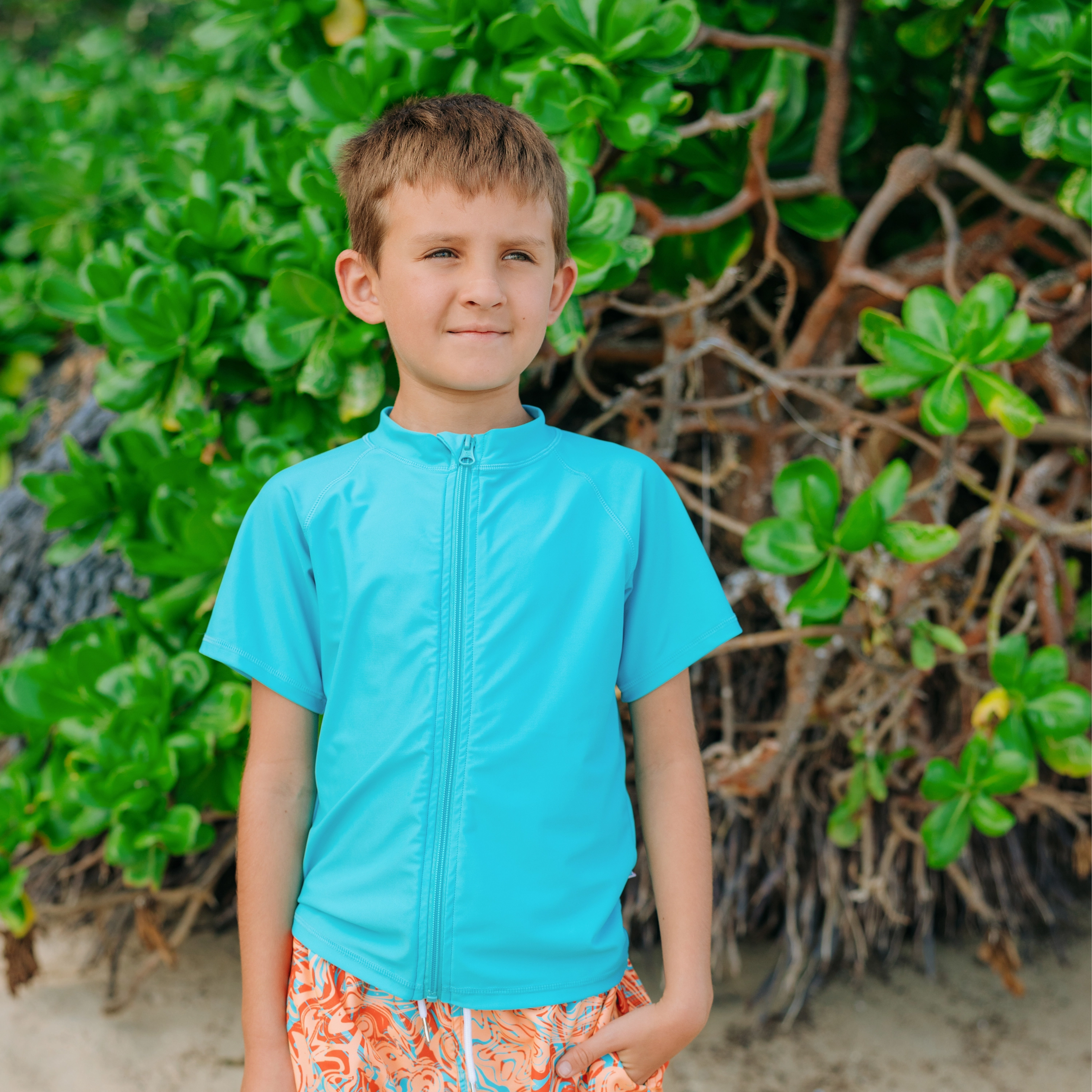 Kids Short Sleeve Zipper Rash Guard Swim Shirt | Scuba Blue