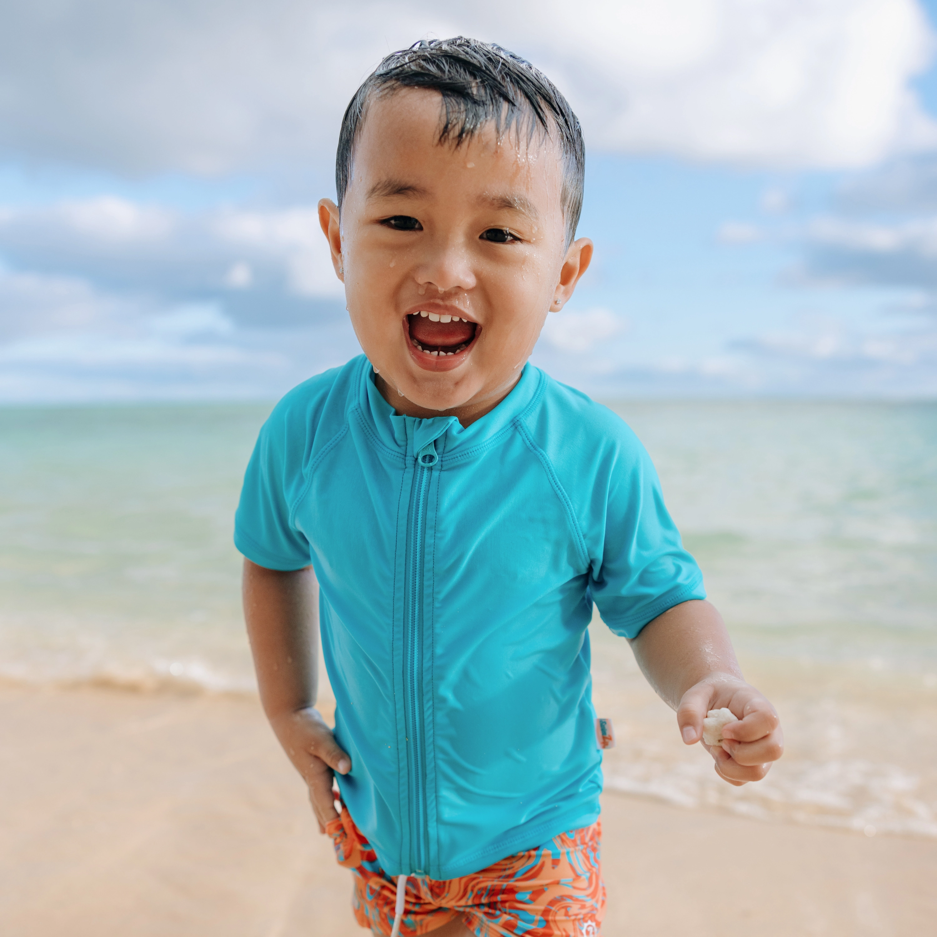 Kids Short Sleeve Zipper Rash Guard Swim Shirt | Scuba Blue