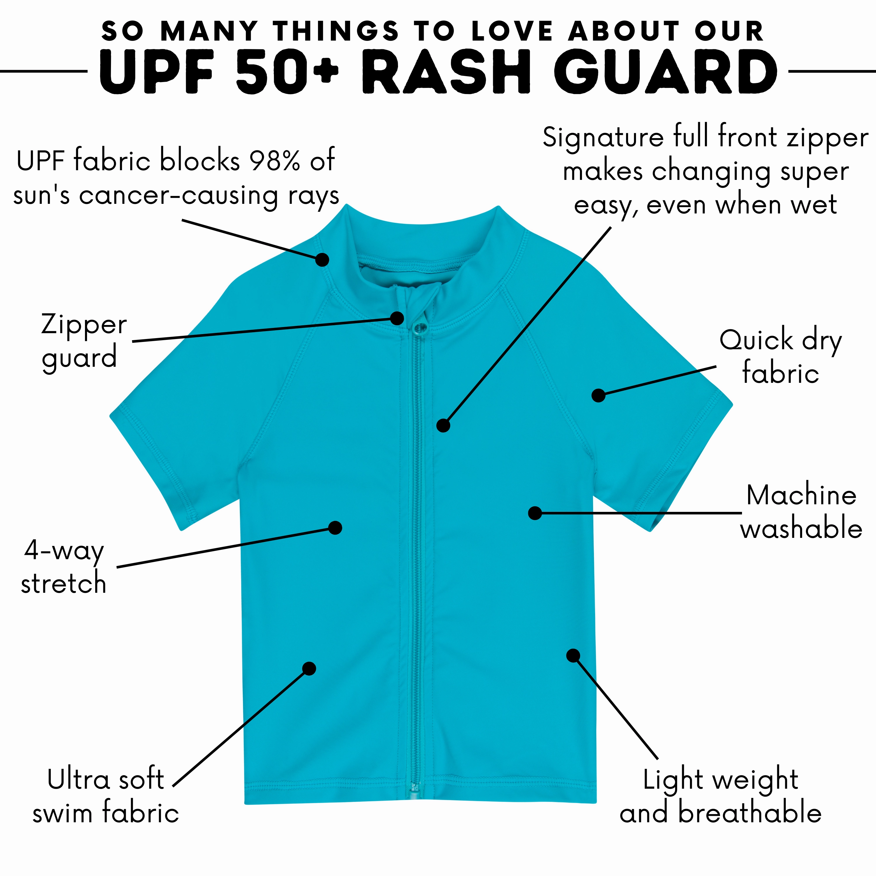 Kids Short Sleeve Zipper Rash Guard Swim Shirt | Scuba Blue