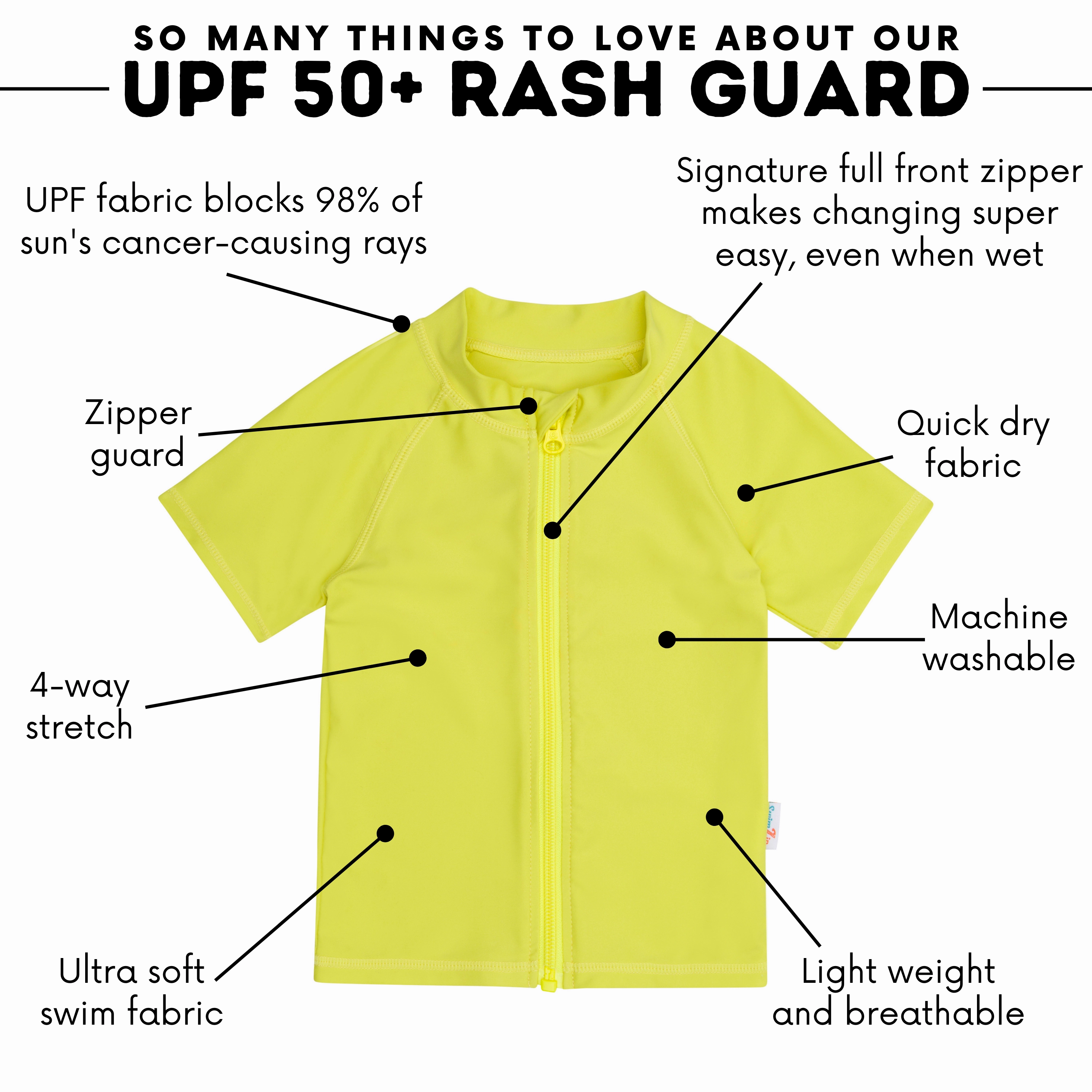 Kids Short Sleeve Zipper Rash Guard Swim Shirt | Sulphur Yellow