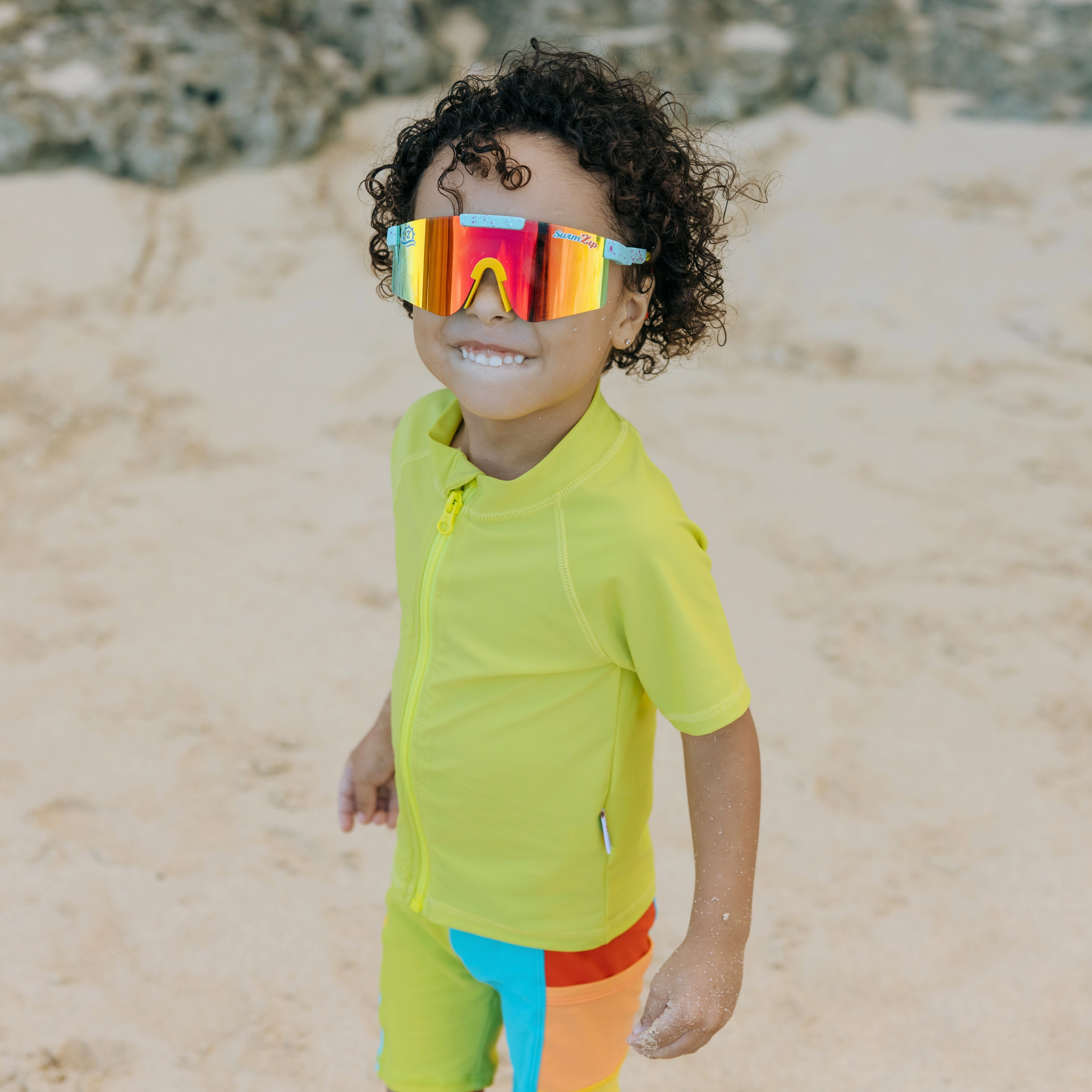 Kids Short Sleeve Zipper Rash Guard Swim Shirt | Sulphur Yellow