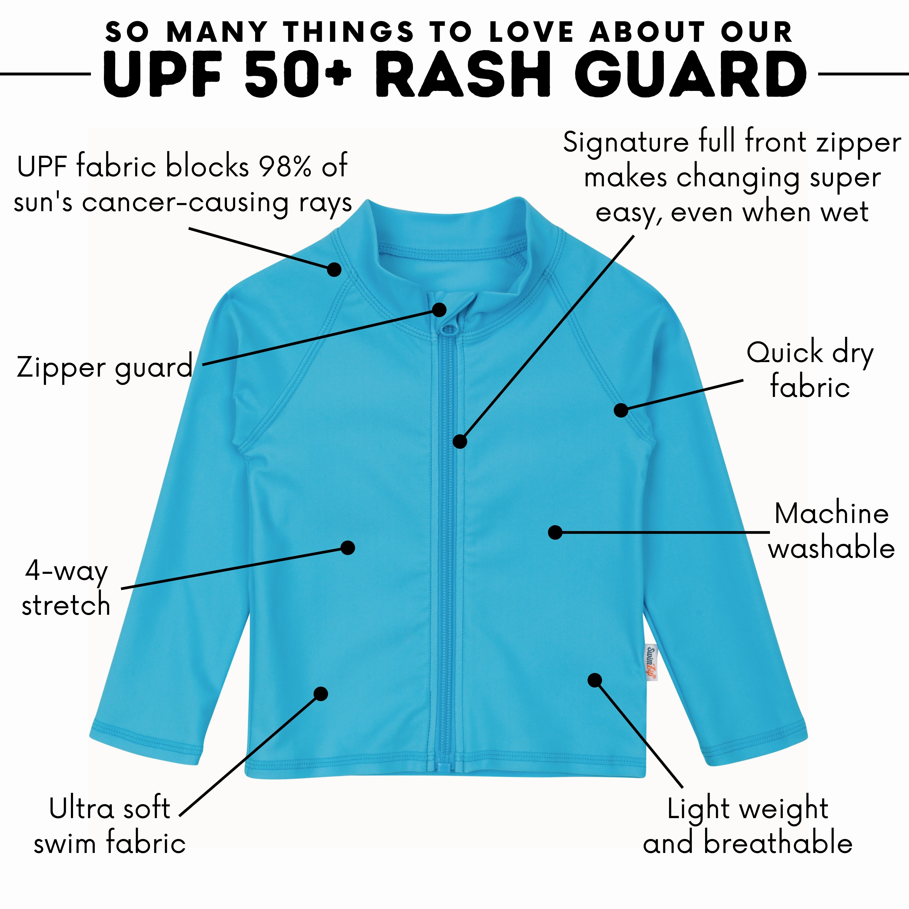 Kids UPF 50  Long Sleeve Zipper Rash Guard Swim Shirt | "Aqua"